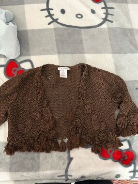 Oscar de la Renta Brown Crocheted Fringe Shrug